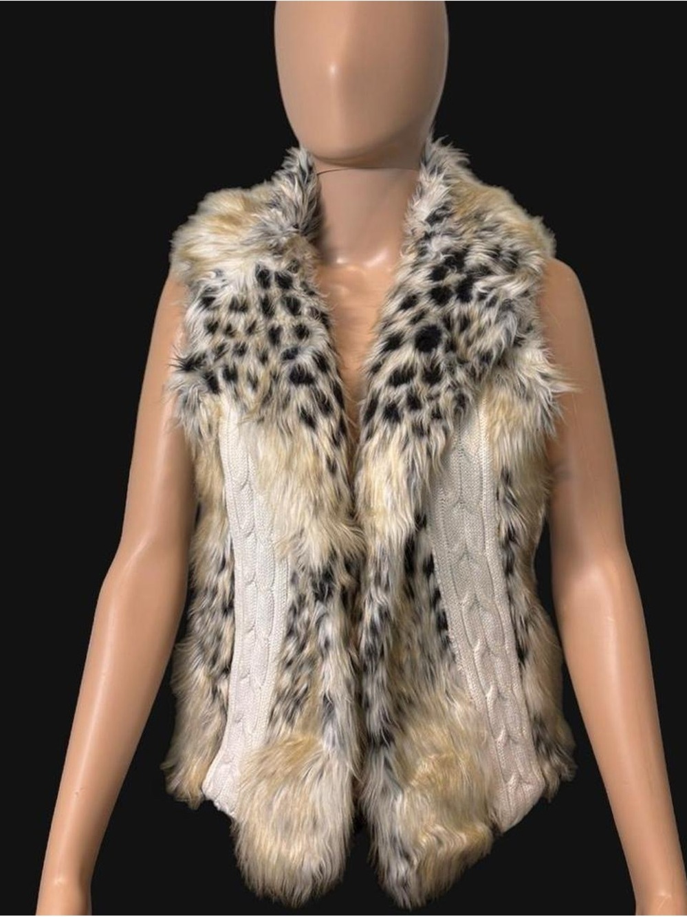 XOXO Faux Fur Leopard Print Vest with Cream Cable Knit Panels